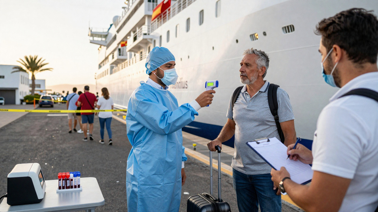 Funcionário em equipamento de proteção a medir temperatura a passageiro antes de embarque num navio de cruzeiro.