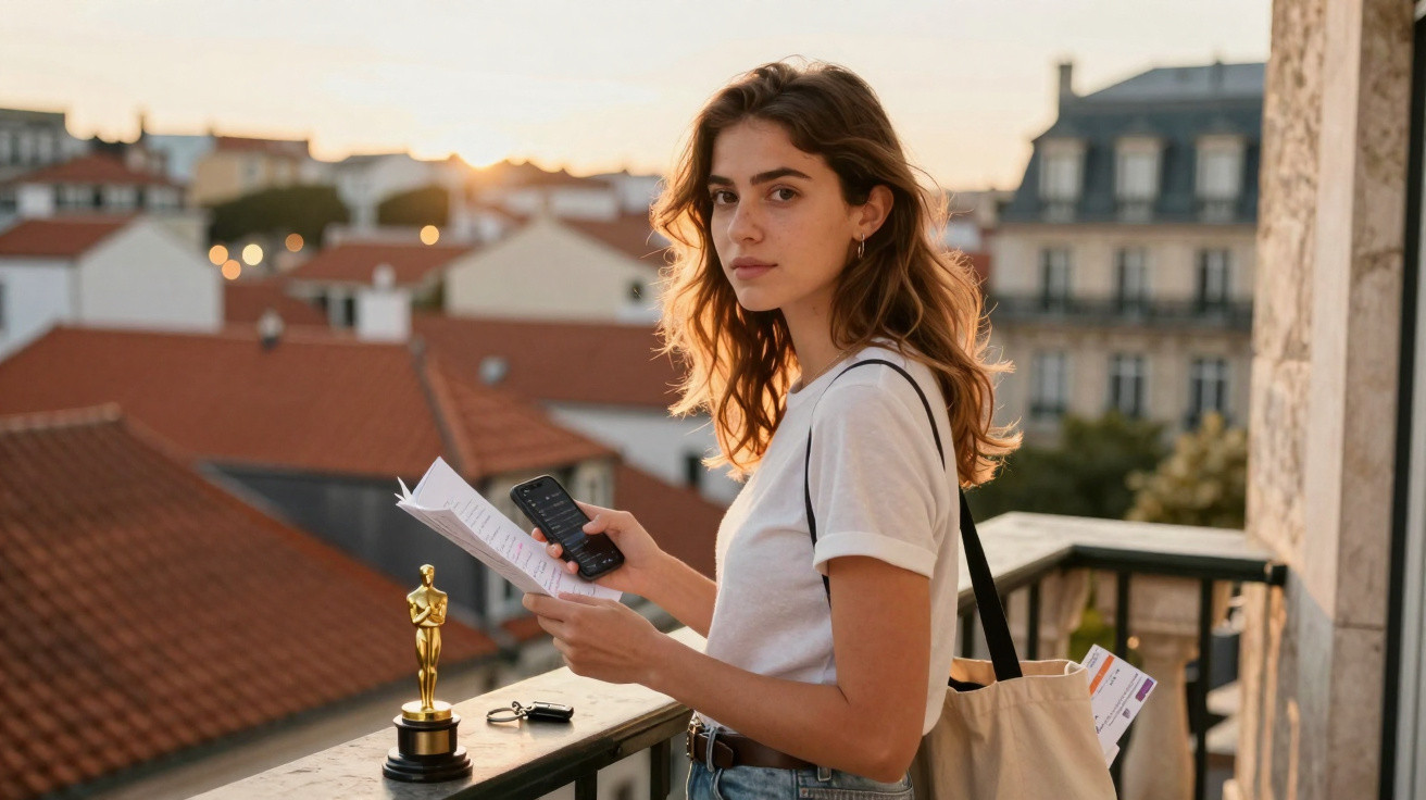 Jovem com cabelo ondulado segura telemóvel e papéis numa varanda com vista para telhados ao pôr do sol.