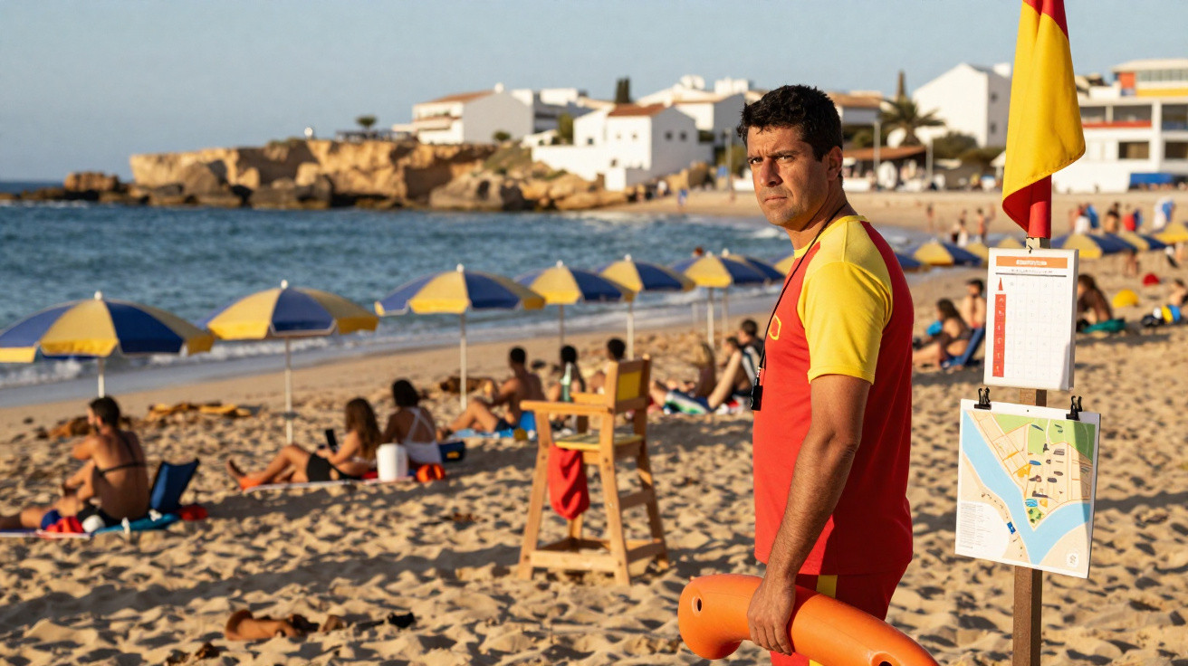 Salva-vidas de uniforme vermelho e amarelo na praia com guarda-sóis e banhistas ao fundo.