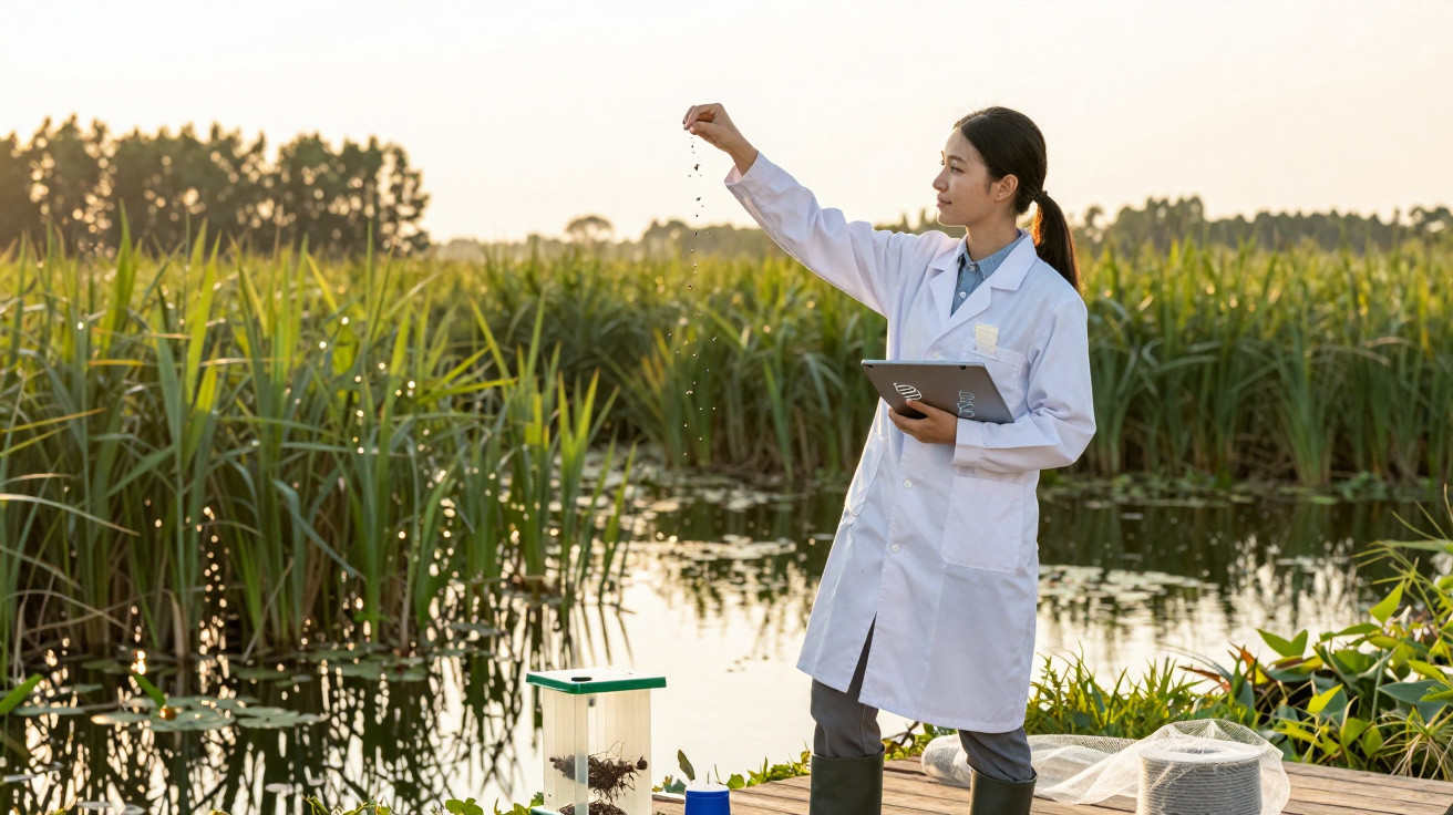 Mulher cientista de jaleco analisa amostra de água num campo com vegetação aquática ao entardecer.