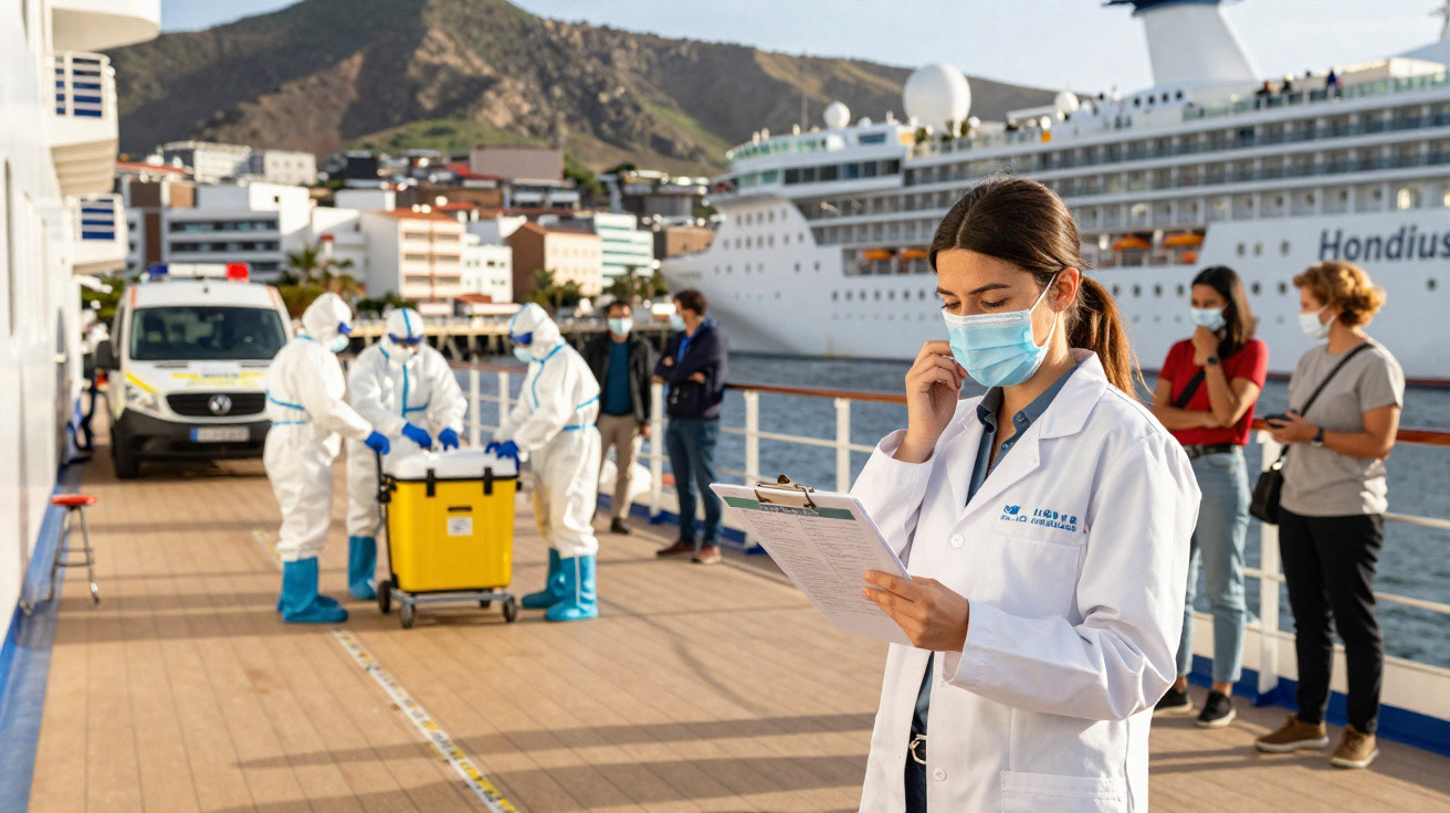 Profissional de saúde com máscara verifica documentos em cruzeiro, com equipe médica de proteção e ambulância ao fundo.