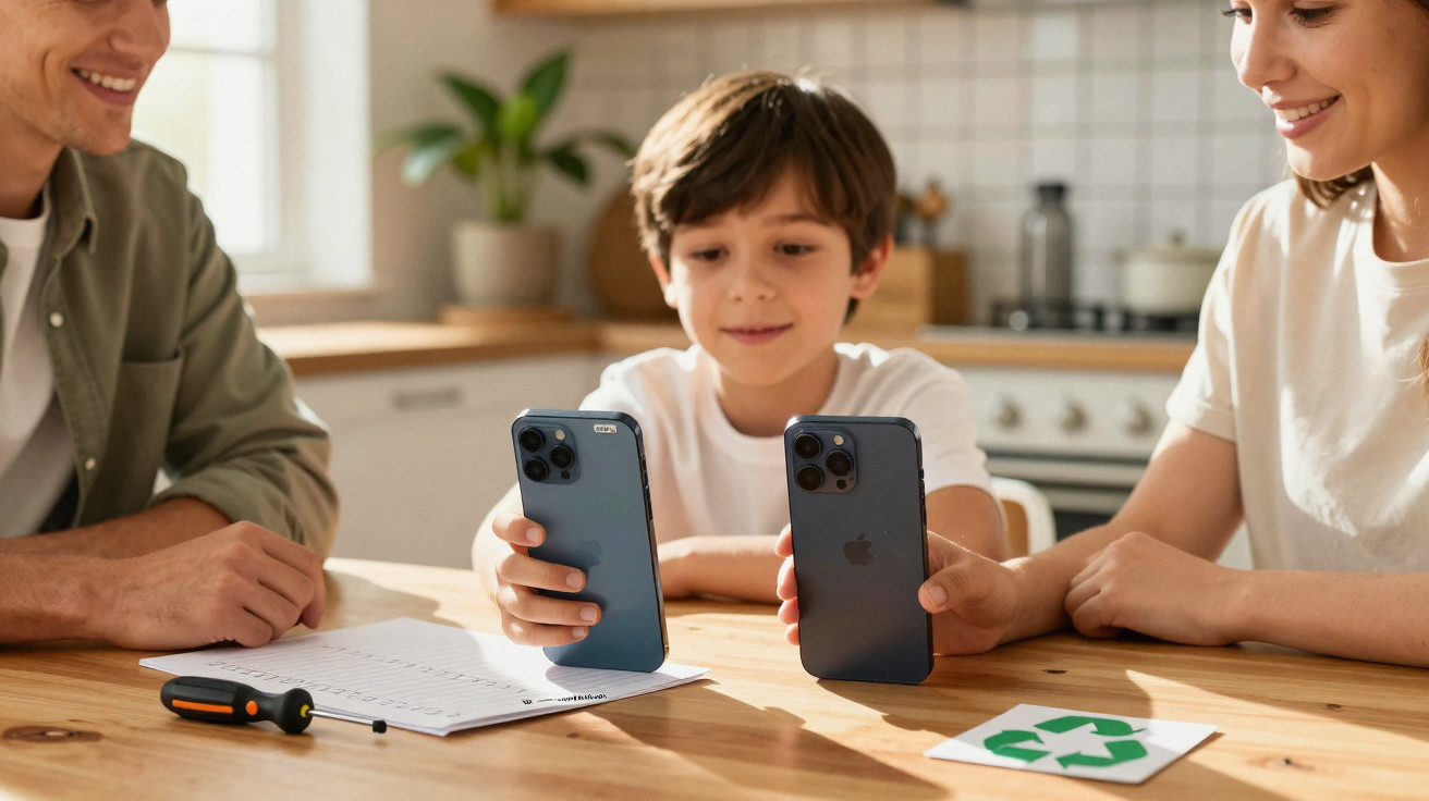 Família transmite informações de telemóveis próximos a símbolo de reciclagem numa cozinha iluminada.