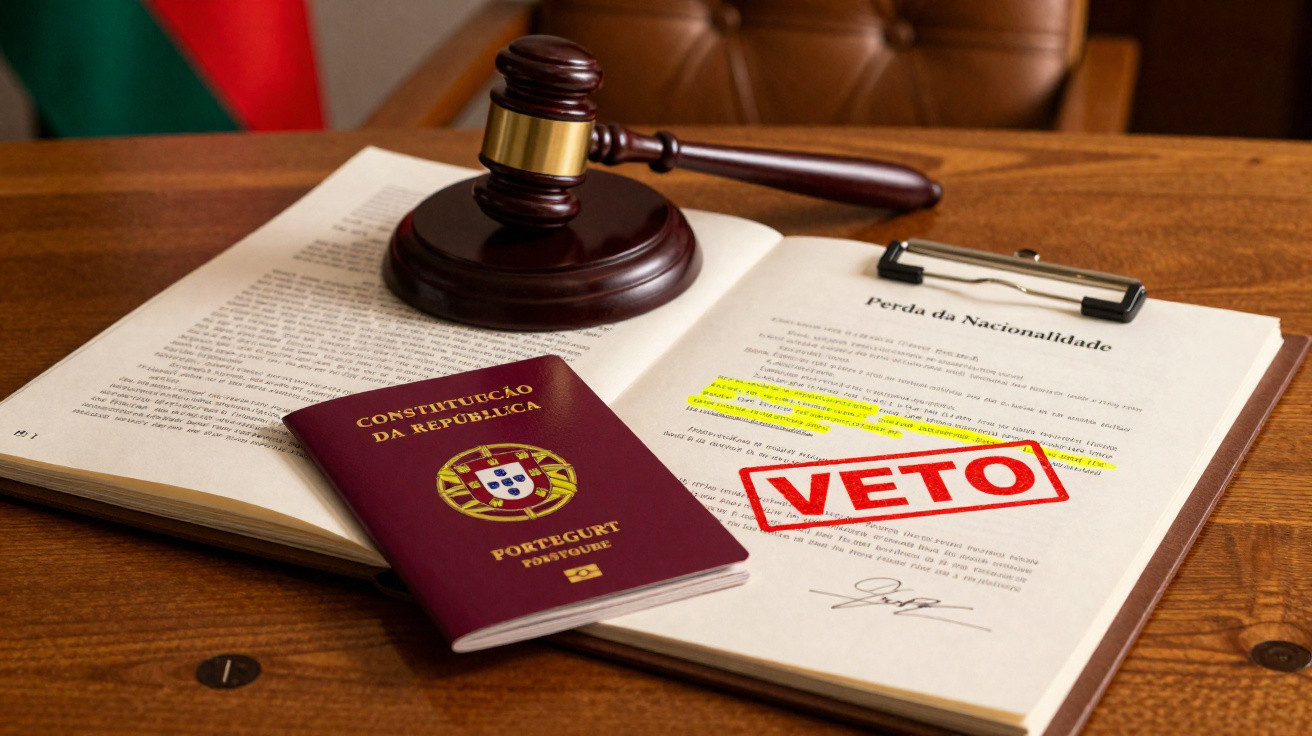 Constituição portuguesa aberta com carimbo de veto, martelo de juiz e passaporte sobre mesa de madeira.