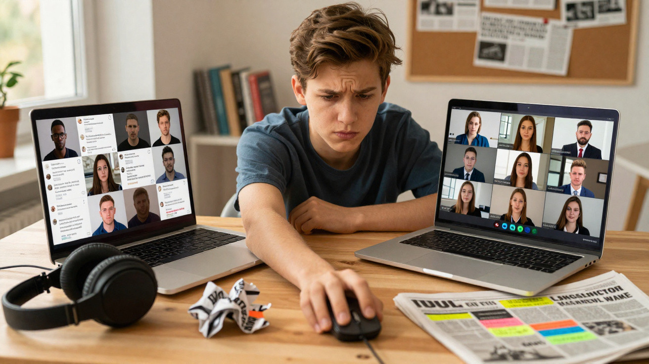 Homem jovem sentado à mesa participa em reuniões virtuais com expressão preocupada e dois computadores à sua frente.