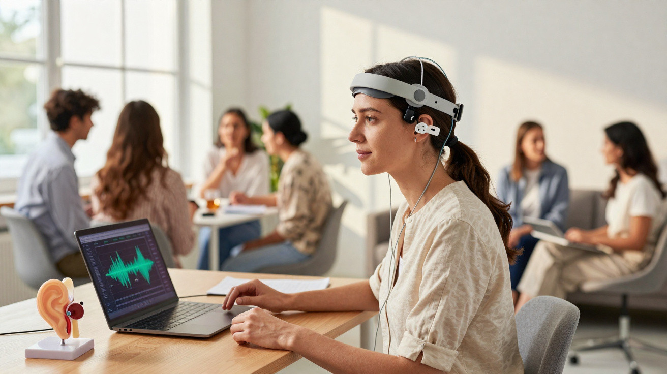 Mulher usa dispositivo neurocientífico sentada em escritório com laptop que mostra gráficos sonoros, grupo ao fundo.
