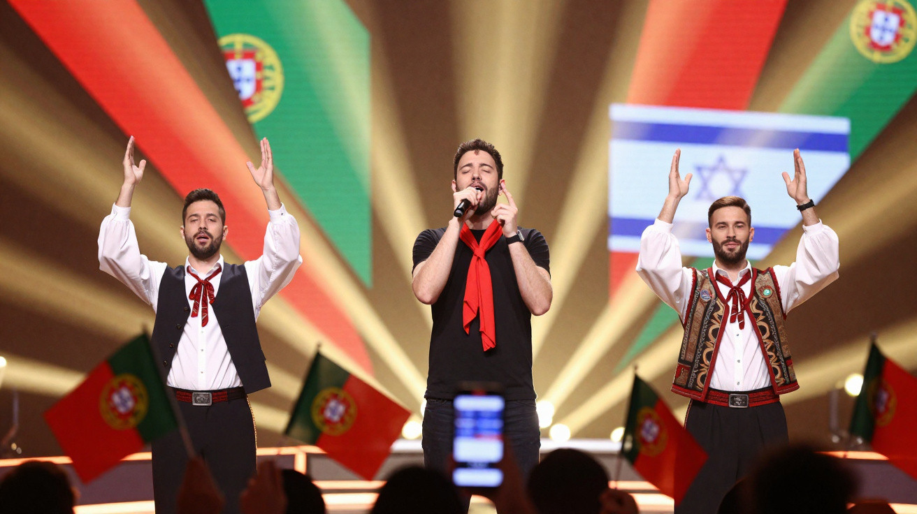 Três cantores em palco com bandeiras de Portugal e Israel ao fundo e público com bandeiras de Portugal.