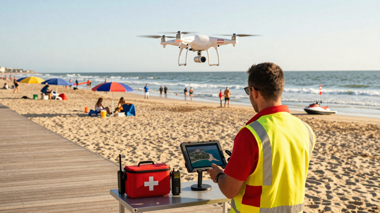 Homem com colete refletor controla drone com câmara numa praia com guarda-sóis e pessoas ao fundo.