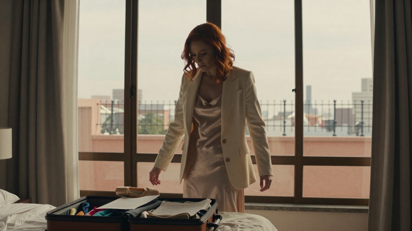 Mulher de cabelo ruivo com vestido e blazer bege ao lado de mala aberta numa cama, perto de janela grande.