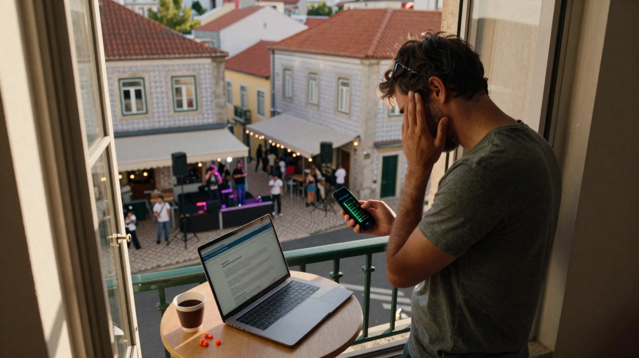 Homem stressado com mãos na cara ao telemóvel em varanda com portátil e festa ao fundo numa rua de Lisboa.