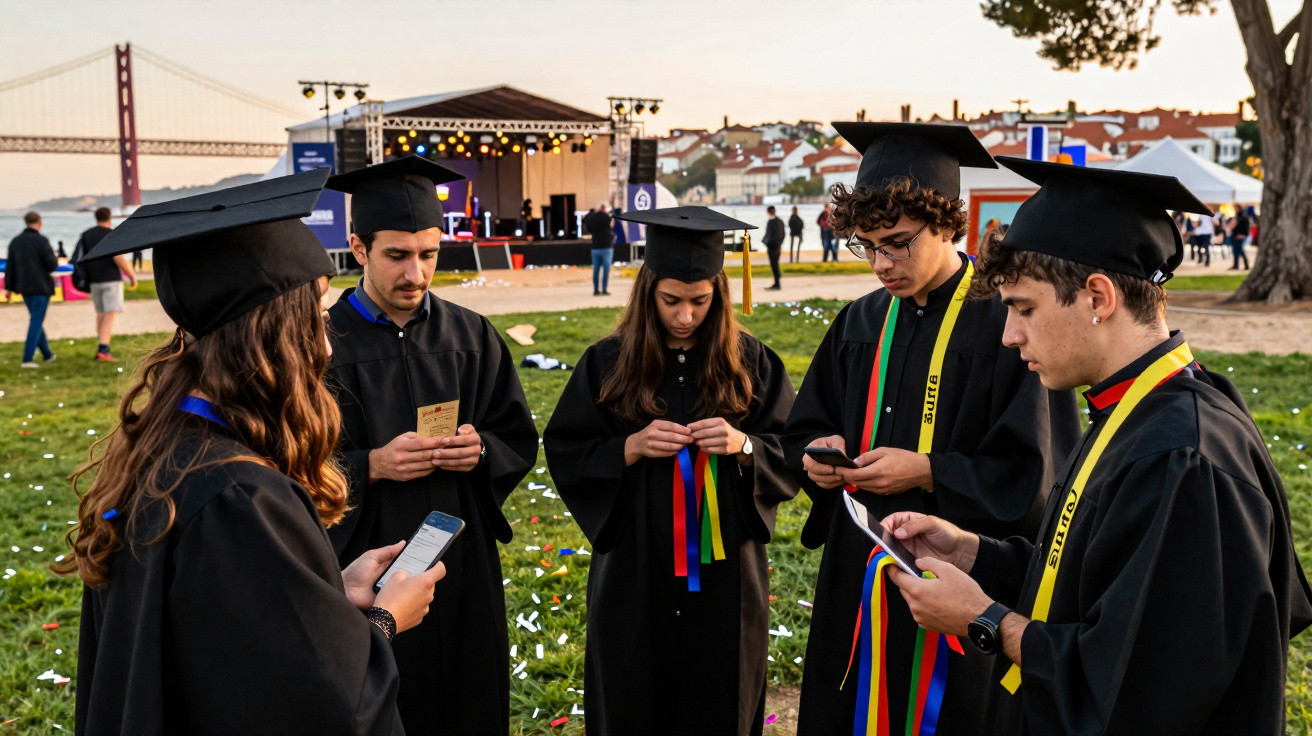 Grupo de cinco estudantes de toga e capelo a consultar telemóveis num parque com ponte e palanque ao fundo.