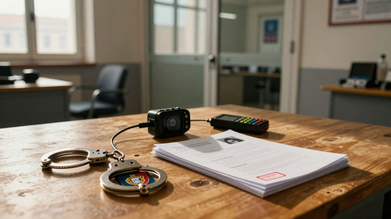 Algumas algemas, documentos, um leitor de cartão e uma câmara de vigilância sobre uma mesa de madeira numa sala de escritório