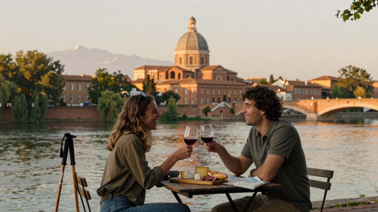 Casal brinda com vinho tinto num piquenique à beira rio com vista para igreja e ponte ao pôr do sol.