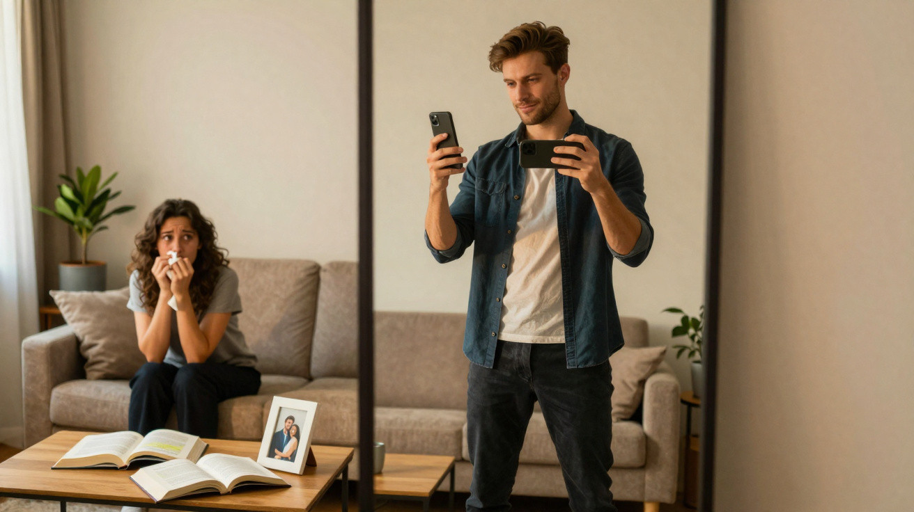 Homem tira selfie com telemóvel no quarto enquanto mulher sentada no sofá parece preocupada.