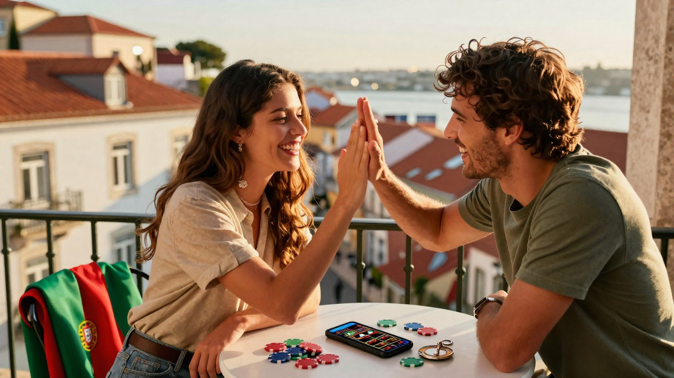 Casal alegre a dar high five numa varanda com vista urbana, jogando com fichas de poker e telemóvel na mesa.
