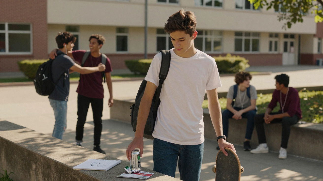 Jovem com t-shirt branca e mochila preta segura skate e bebida, enquanto três grupos de amigos interagem ao fundo.