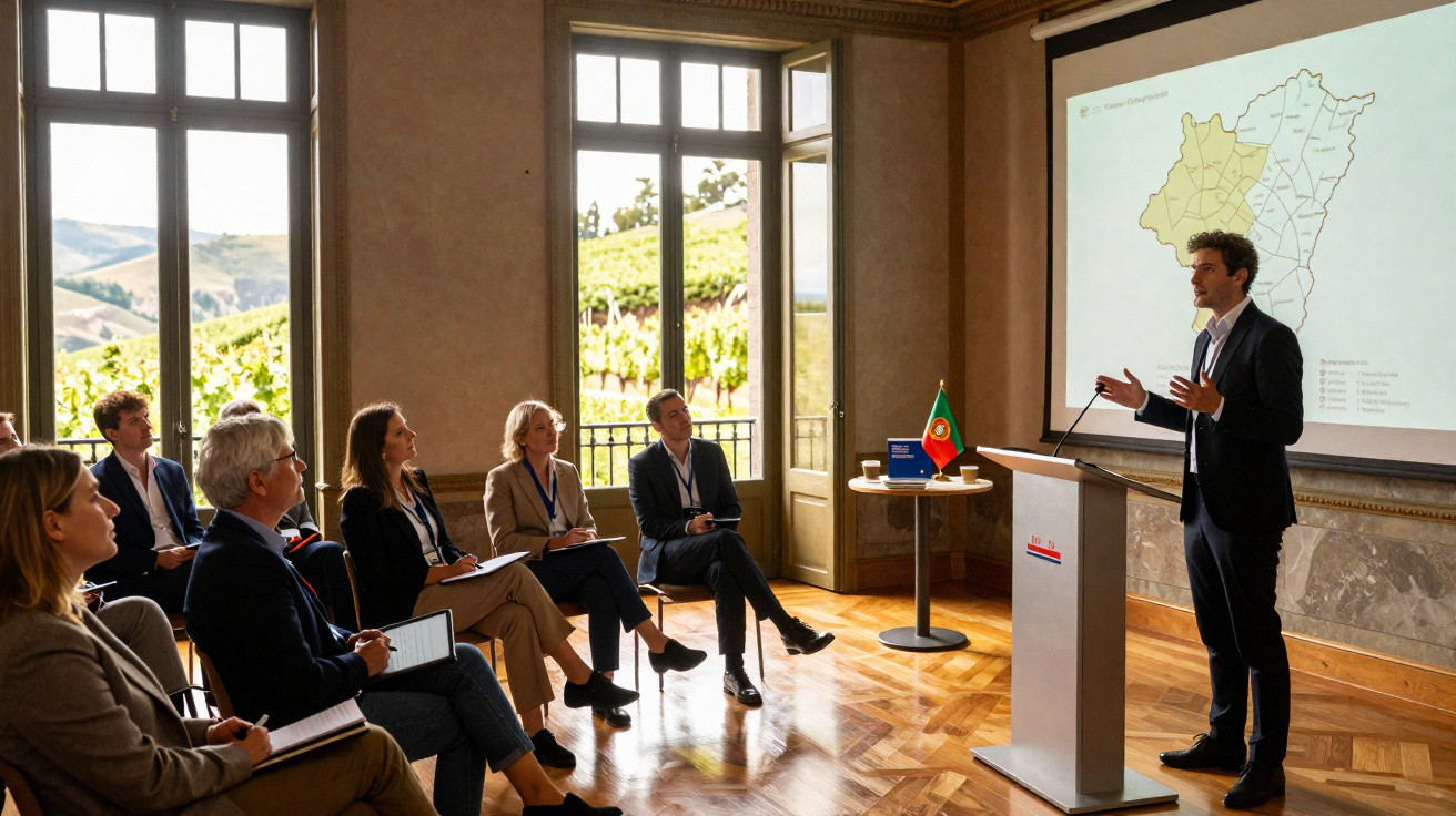 Homem apresenta mapa a grupo sentado numa sala com janelas grandes e vista para vinhas ao ar livre.