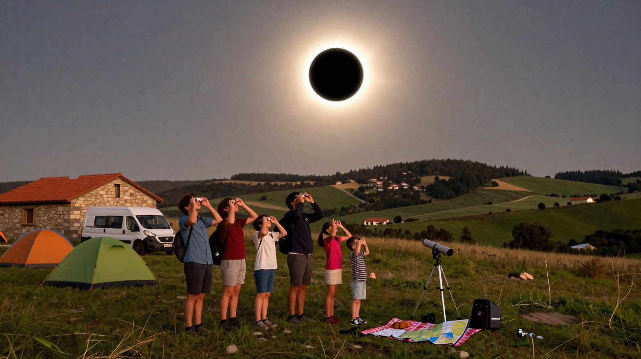 Seis pessoas observam um eclipse solar total numa área campestre, ao lado de tendas e equipamento de observação.