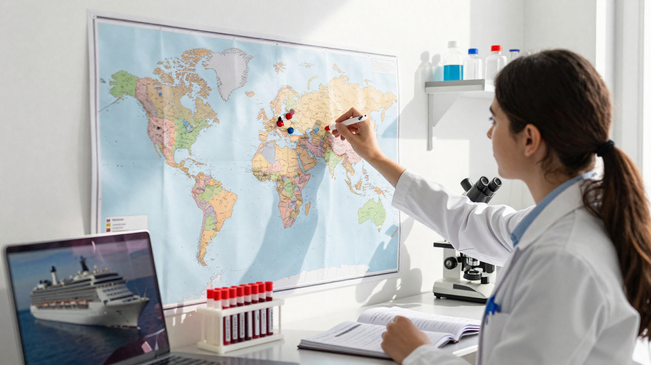 Mulher em jaleco marca pontos num mapa-mundo numa sala com microscópio, tubos de ensaio e computador.