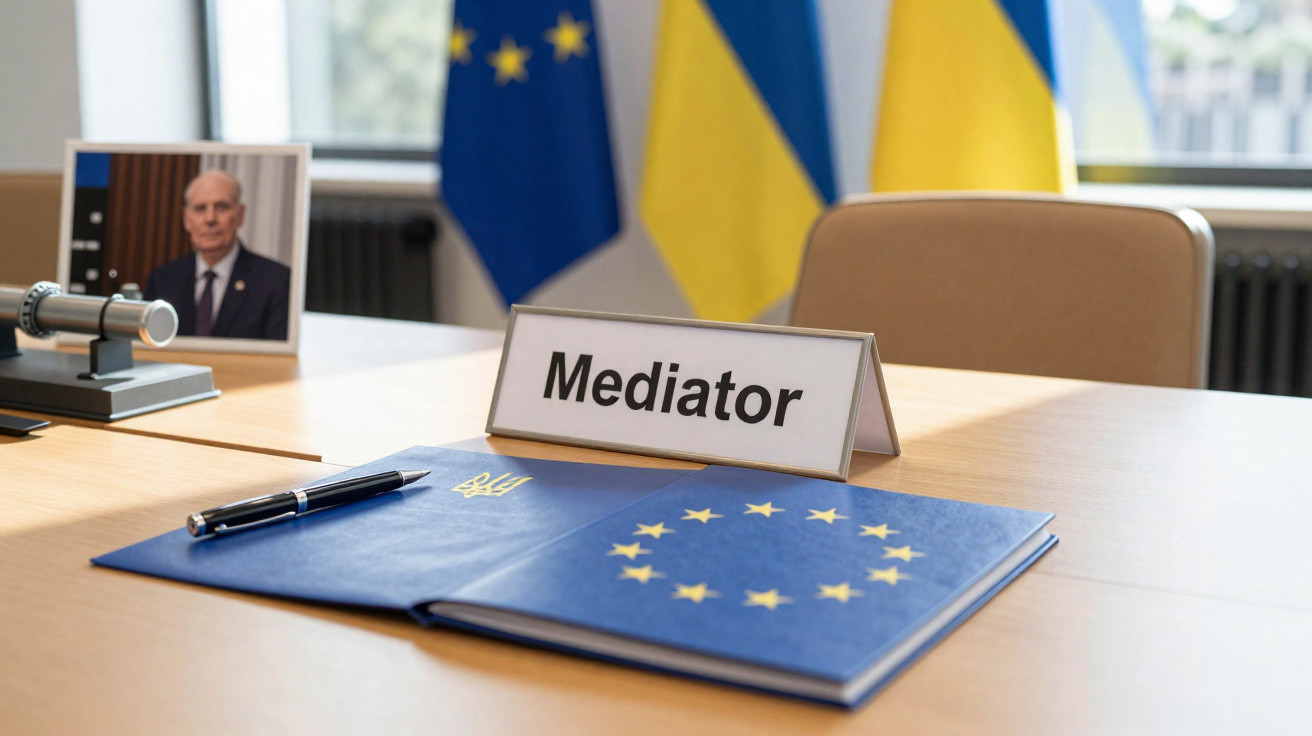 Mesa com placa de "Mediator", pasta azul com símbolos da UE e Ucrânia, e bandeiras ao fundo.