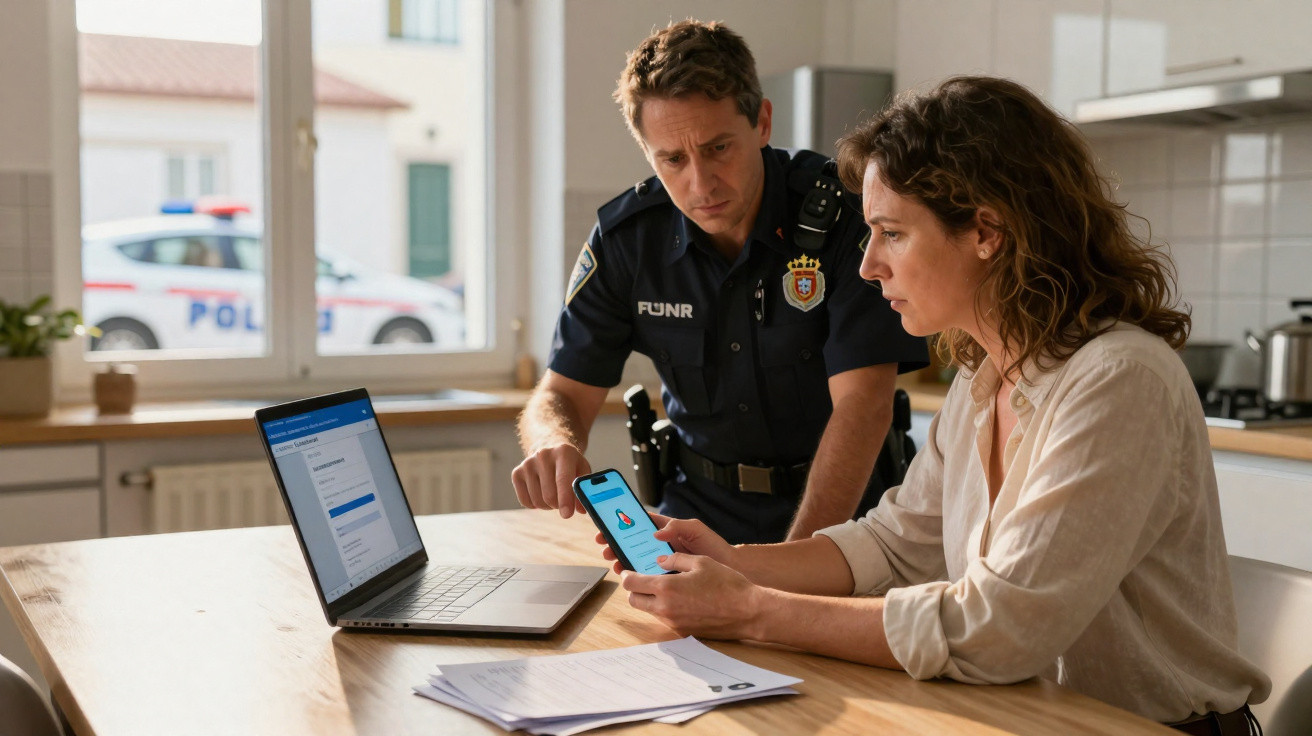 Homem polícia e mulher sentada à mesa com computador portátil e telemóvel numa cozinha iluminada.