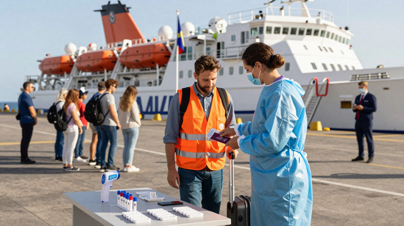 Passageiros fazem check-in e controlo de saúde com máscaras à chegada ao porto, navio de cruzeiro ao fundo.
