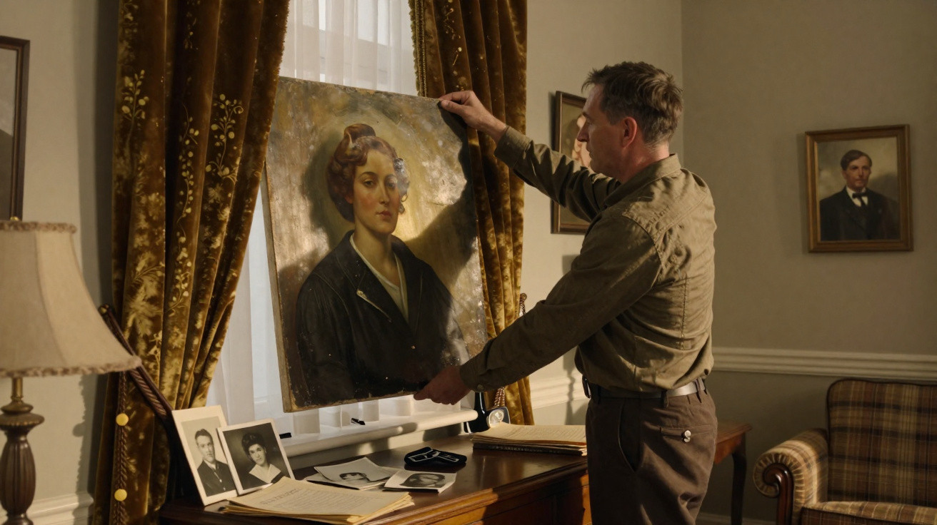Homem a pendurar retrato antigo de mulher numa parede junto a uma secretária com fotografias e documentos.