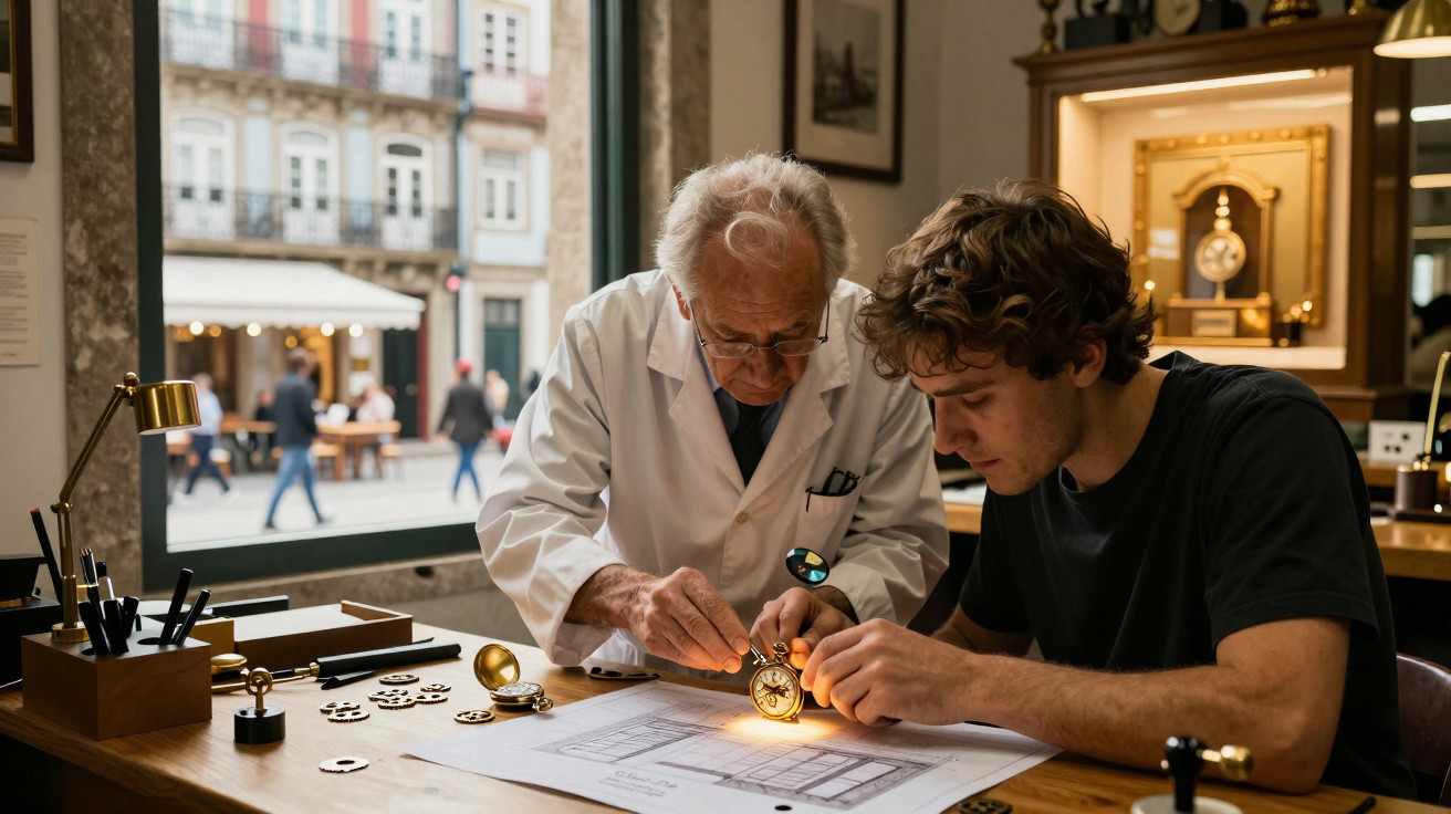 Um relojoeiro idoso e um jovem examinam um relógio antigo numa oficina iluminada e detalhada.