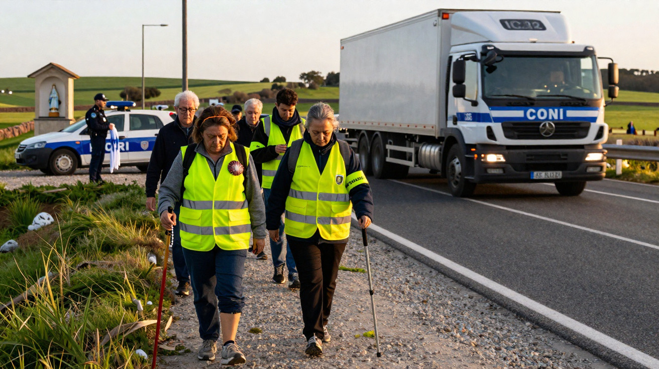 Pessoas com coletes amarelos caminham perto de uma estrada com um camião e polícia em fundo rural.