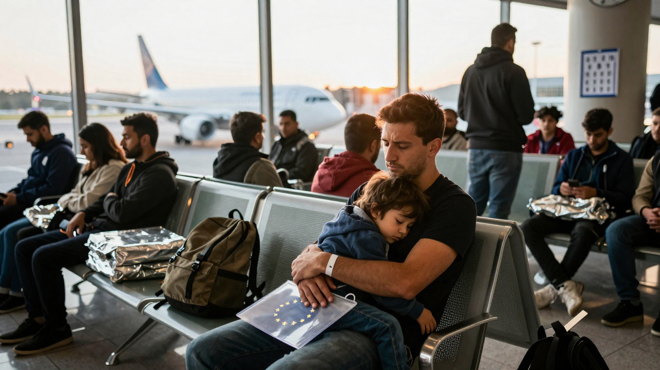 Homem abraça criança adormecida em aeroporto com avião ao fundo e outras pessoas sentadas à espera.