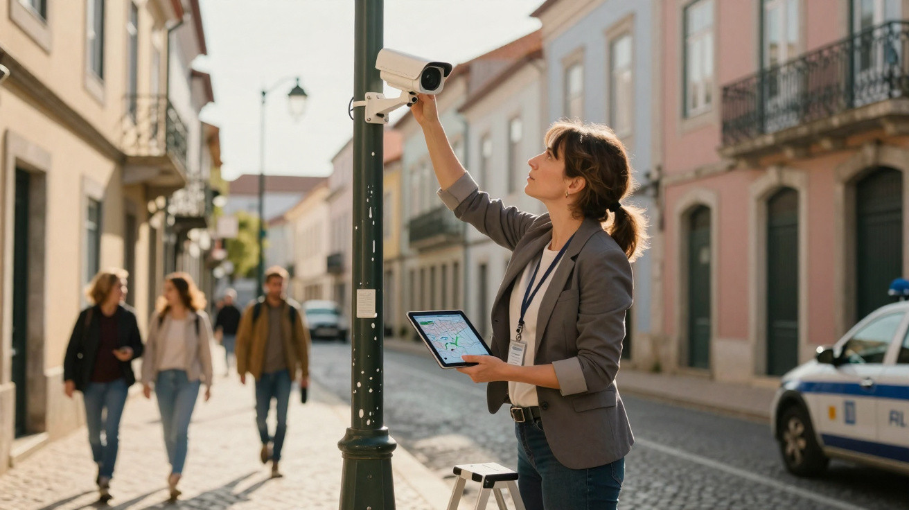 Mulher ajusta câmara de segurança numa rua antiga enquanto segura um tablet com mapa digital.