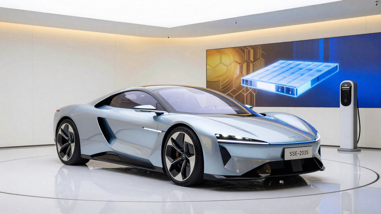 Carro elétrico prateado de design futurista exposto em sala branca com ecrã e posto de carregamento ao fundo.