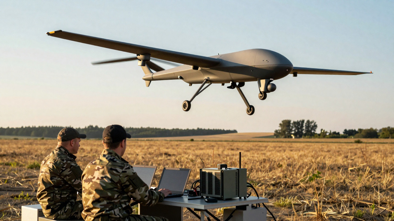Militares operam drone a baixa altitude num campo aberto durante o pôr do sol.