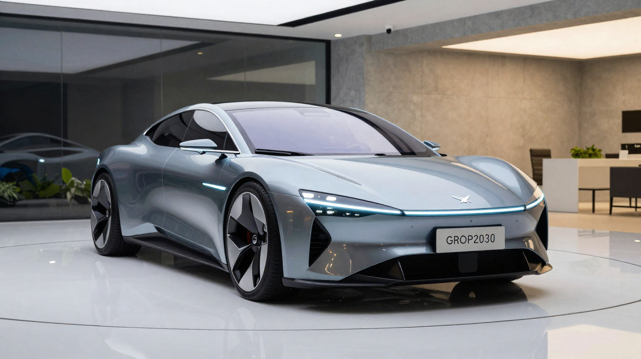 Carro desportivo elétrico futurista prateado num ambiente interior moderno e minimalista.