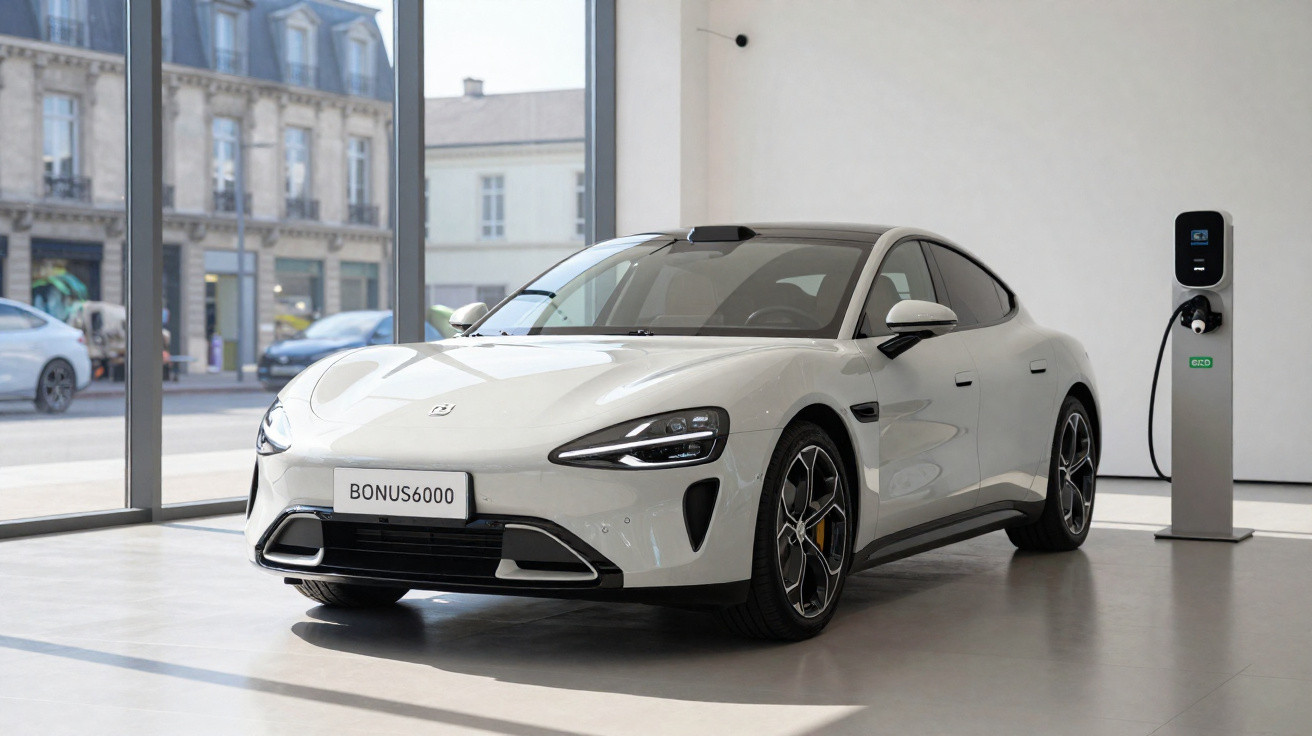 Carro elétrico branco estacionado dentro de showroom, com estação de carregamento ao lado.