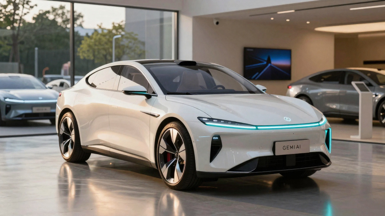Carro elétrico branco moderno exposto numa sala com grandes janelas e outros carros ao fundo.