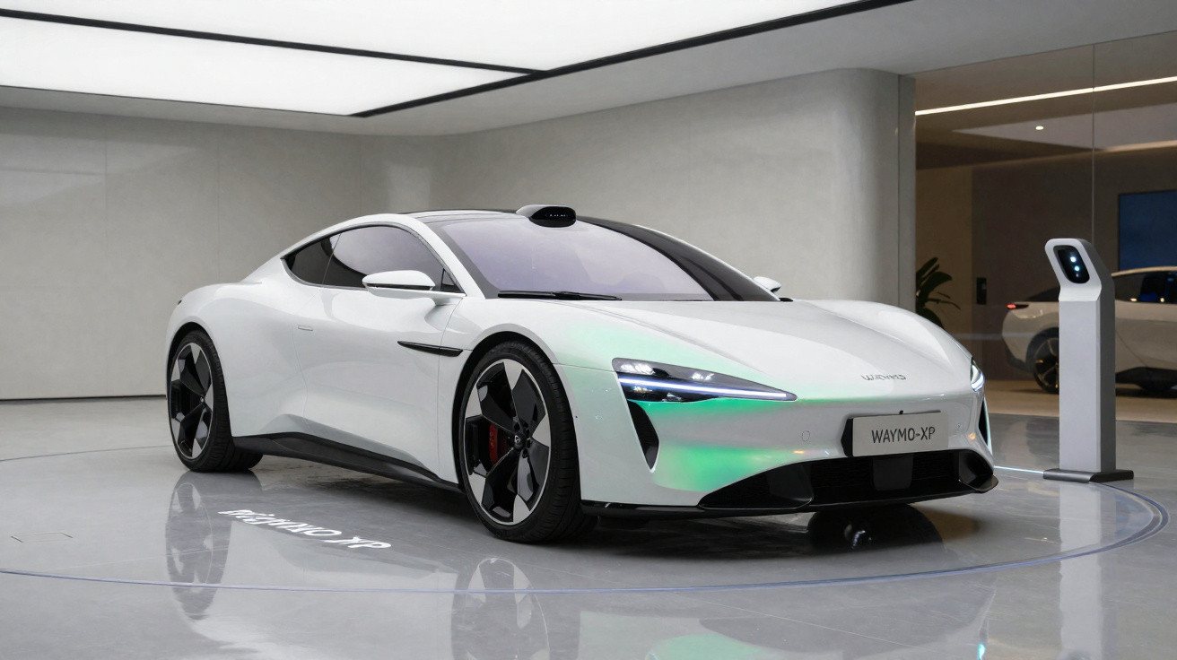 Carro elétrico branco futurista modelo WAYMO-XP em exposição num espaço moderno e minimalista.