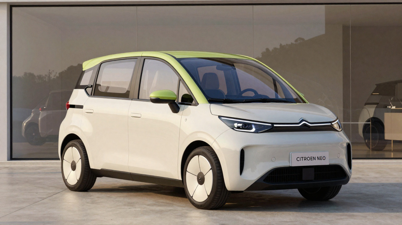 Carro elétrico Citroën Neo branco com teto verde estacionado em frente a vidro moderno.