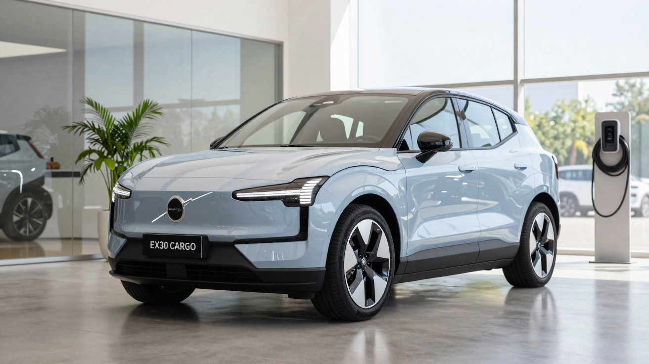 Carro elétrico Volvo EX30 Cargo cinza numa garagem moderna com carregador elétrico ao lado.