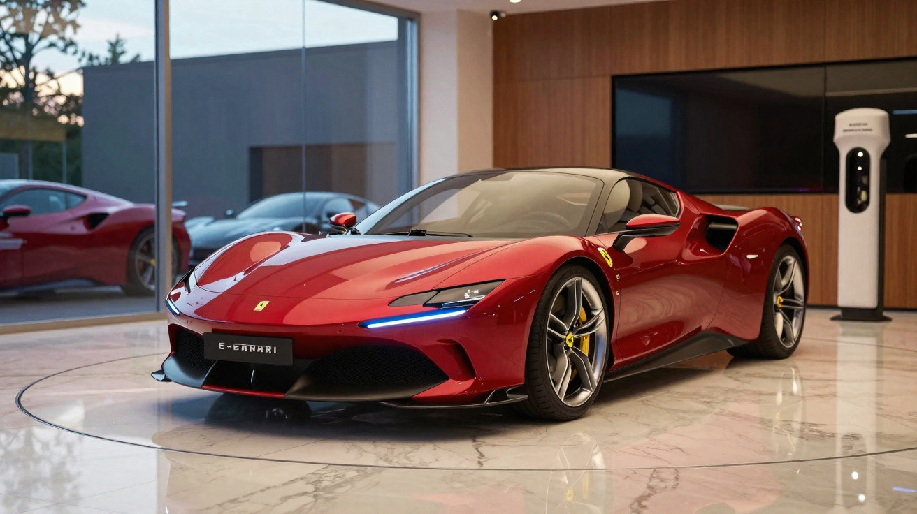 Carro desportivo vermelho Ferrari numa sala moderna com chão de mármore e estação de carregamento elétrico.