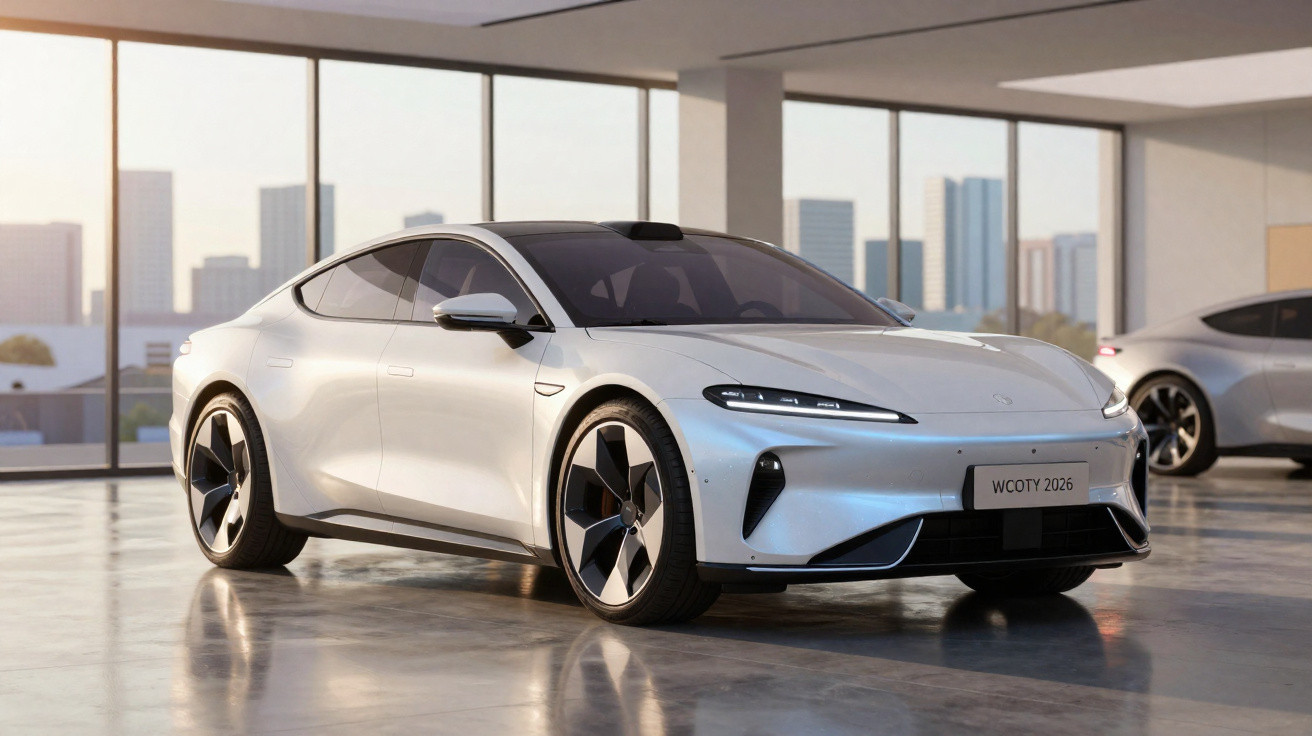 Carro eléctrico moderno prateado estacionado em espaço interior com janelas grandes e vista urbana.