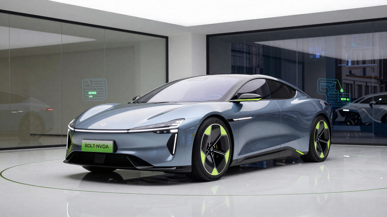 Carro elétrico desportivo cinza com detalhes verdes, estacionado num espaço interior moderno e minimalista.