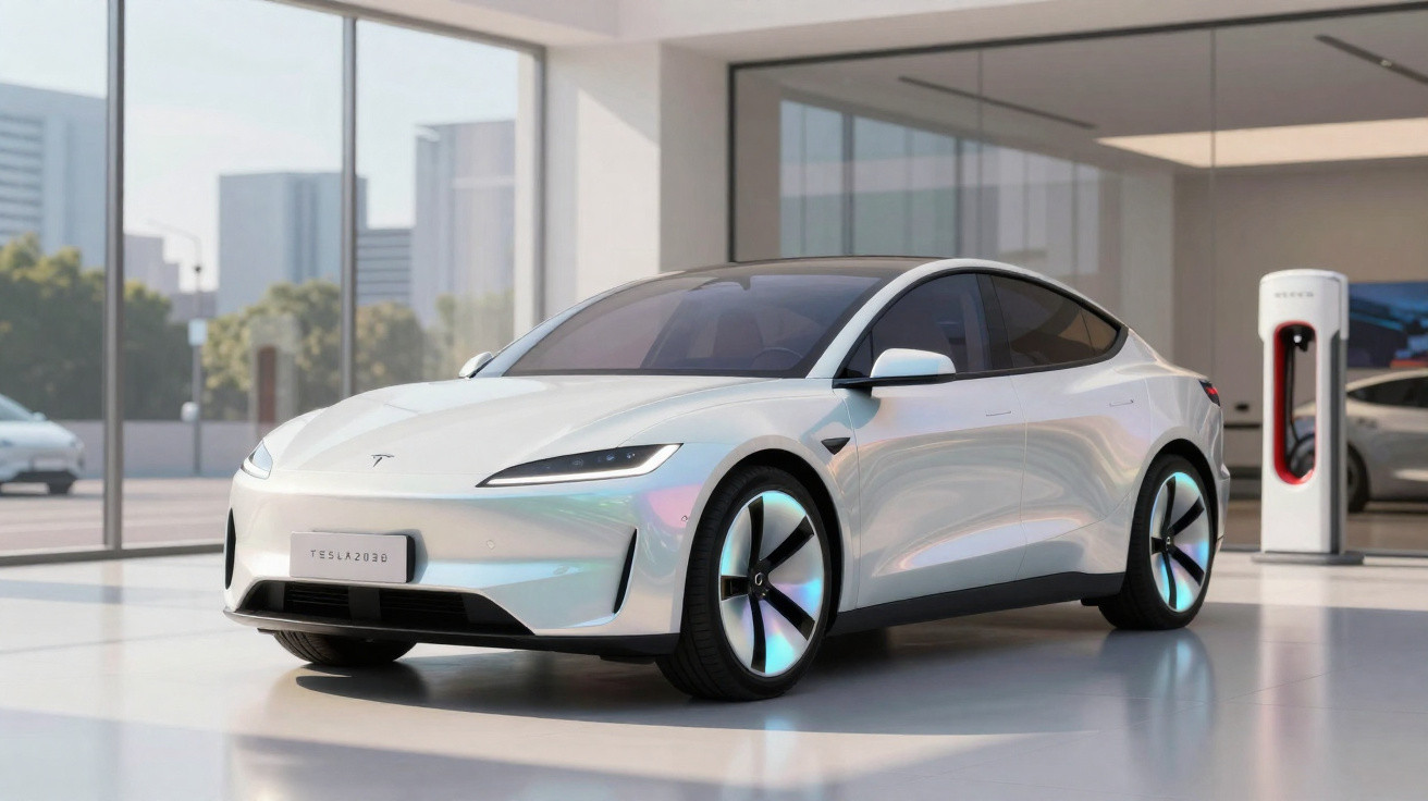Carro elétrico Tesla branco estacionado dentro de uma sala moderna com carregador elétrico.