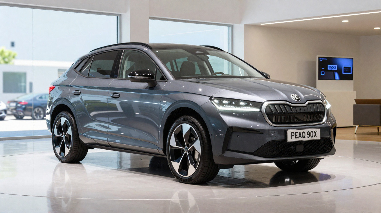 Carro elétrico cinza escuro Skoda Enyaq Coupé iV em exposição num showroom moderno e luminoso.