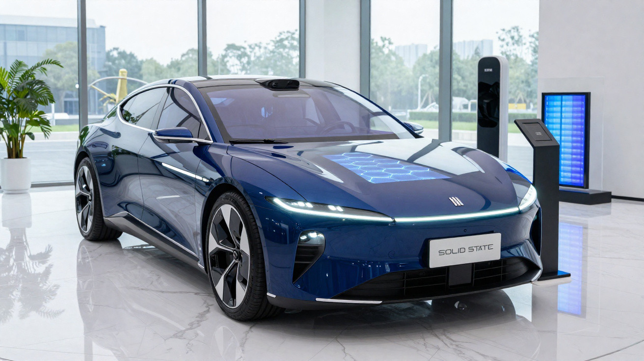 Carro elétrico azul escuro com design futurista exibido numa sala moderna com chão branco brilhante.