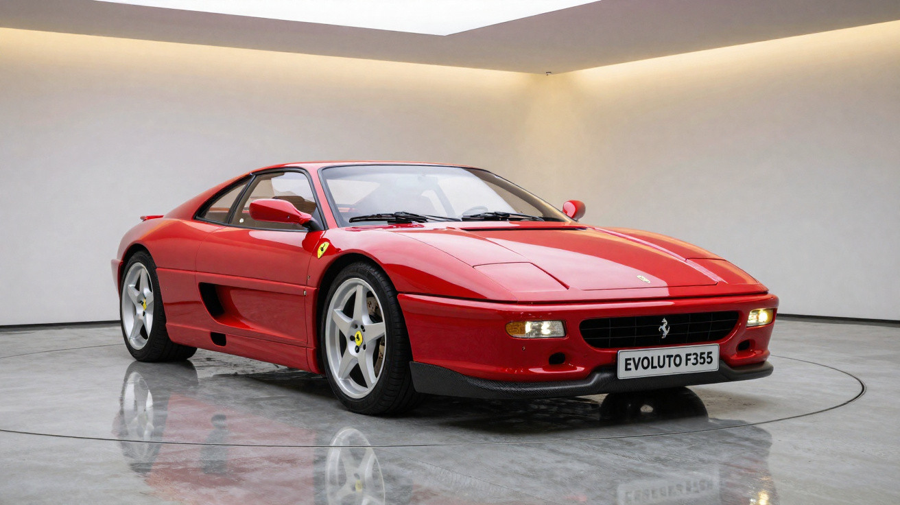 Carro desportivo vermelho Ferrari Evoluto F355 estacionado em chão polido num espaço interior iluminado.