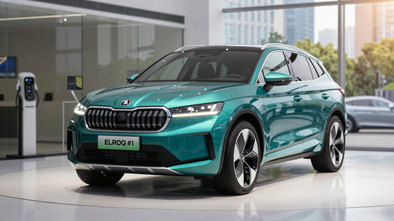 SUV elétrico verde da Škoda em exposição numa sala moderna com grandes janelas e carregador ao fundo.