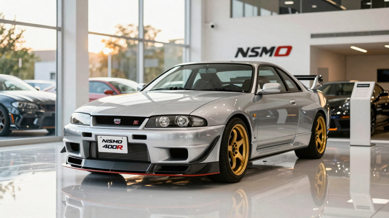 Carro desportivo Nissan Skyline Nismo 400R prata com jantes douradas numa exposição NSMO.