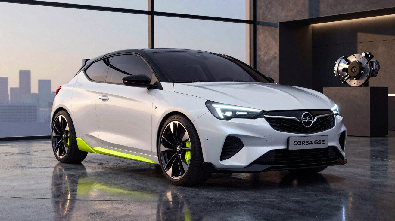 Carro elétrico Opel Corsa GSE branco com detalhes verdes, parqueado num espaço moderno com janelas amplas.