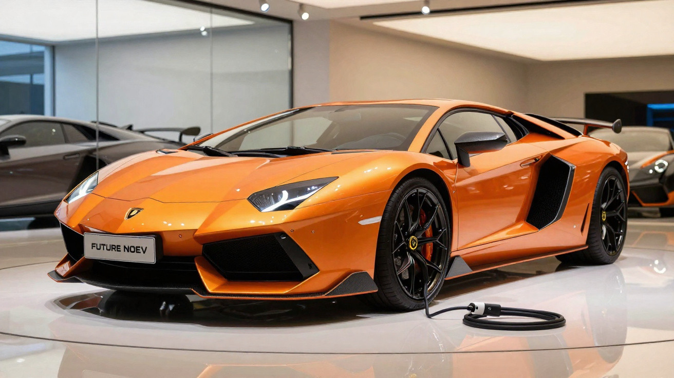 Carro desportivo elétrico laranja carregando, em exposição numa sala moderna e iluminada.