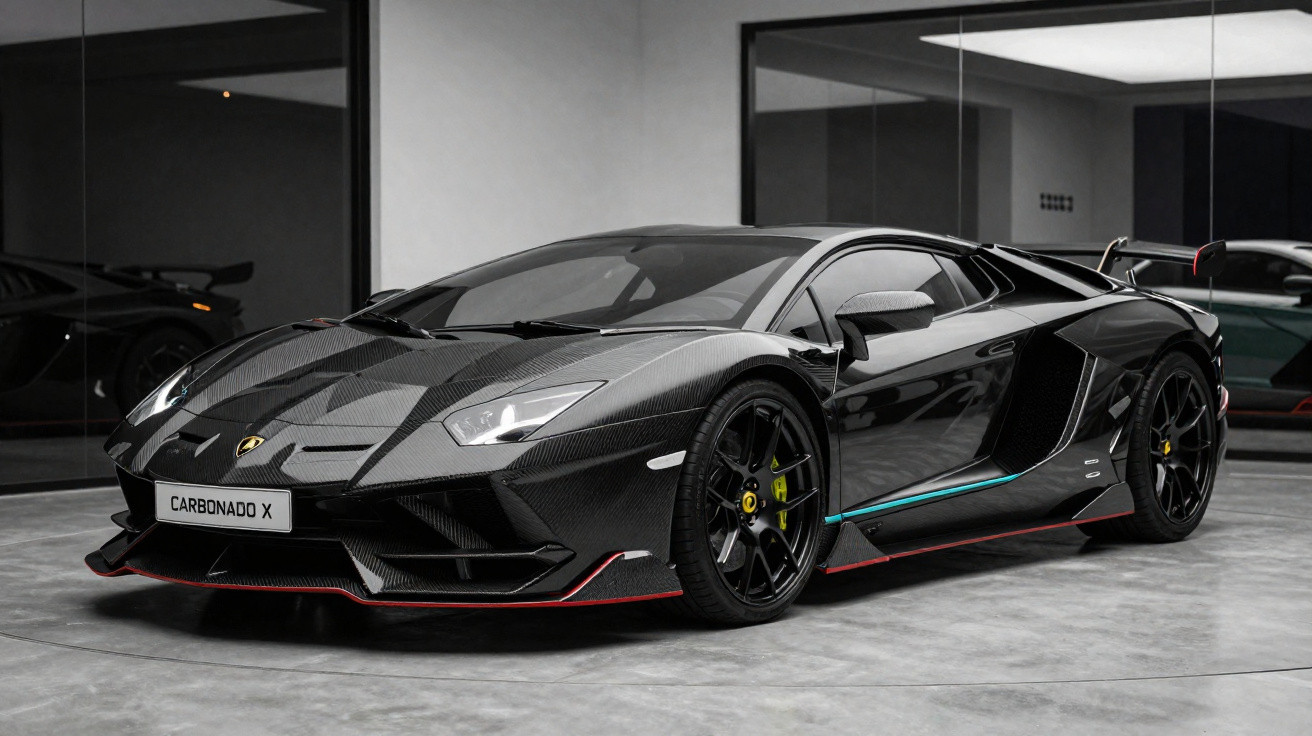 Carro desportivo Lamborghini preto com detalhes em carbono exposto num showroom moderno